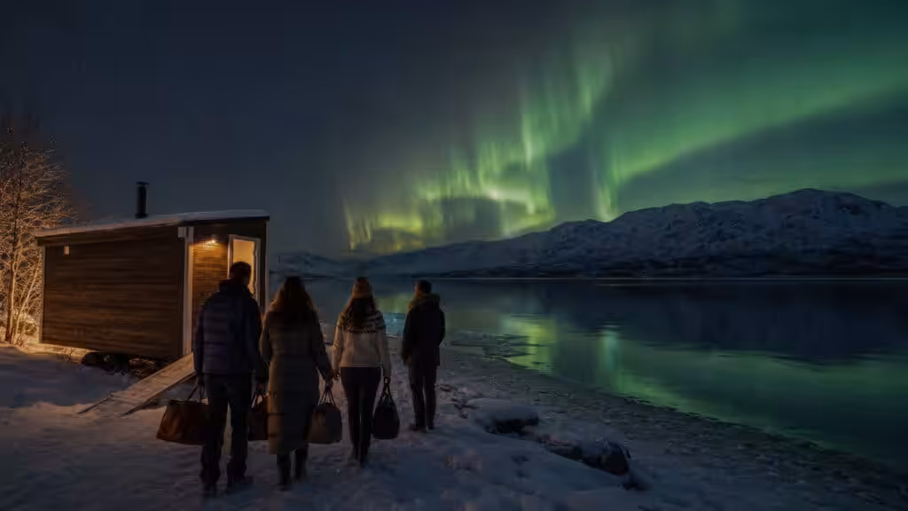 Fire mennesker står foran en liten hytte ved en snødekt innsjø mens nordlyset danser over himmelen. Landskapet er dekket av snø, og fjellene i bakgrunnen speiler seg i vannet.