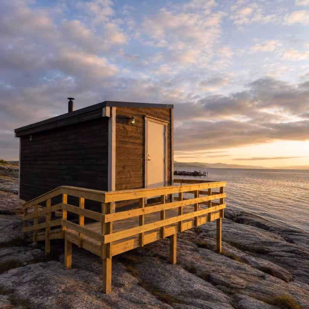 Sauna de fjord arctique au bord du rivage à Malangen